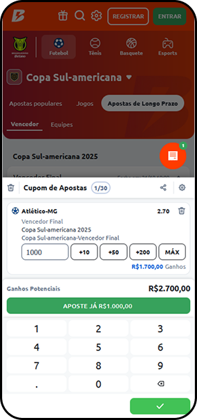 Apostas de longo prazo Betano na Sul-Americana em um palpite no Atlético-MG