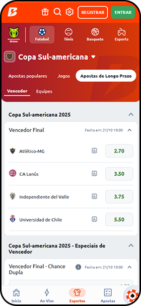 Odds para vencedor final da Copa Sul-Americana 2025 na Betano com Atlético-MG como favorito
