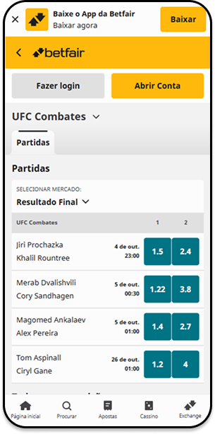 Seção de apostas UFC na Betfair com lutas do UFC Combates