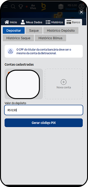 Depósito de 50 centavos na casa de apostas Betnacional