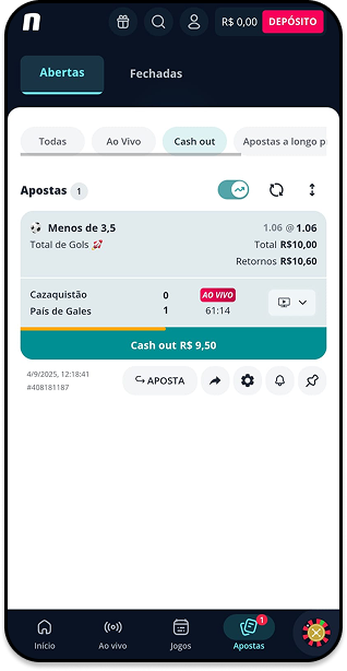 Odds na Novibet para a aposta em menos de 3,5 gols no jogo Cazaquistão x País de Gales, com opção de cash out no valor de R$9,50.