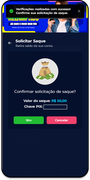 Pedido de saque de R$50 no Pix na Donald Bet