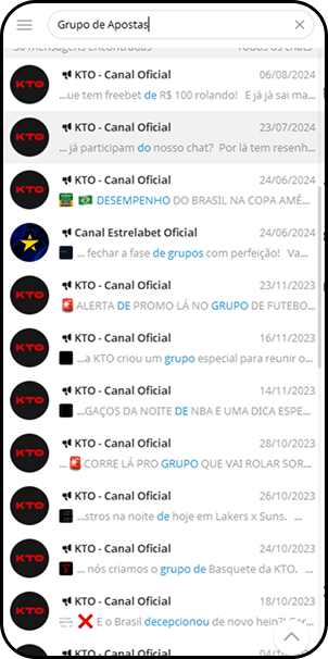 Lista de grupos no Telegram relacionados a apostas esportivas, com destaque para canais oficiais da KTO e EstrelaBet