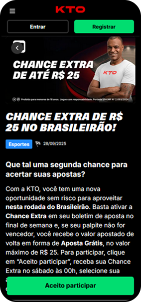Promoção Chance Extra da KTO com bônus de até R$25 para apostas no Brasileirão.
