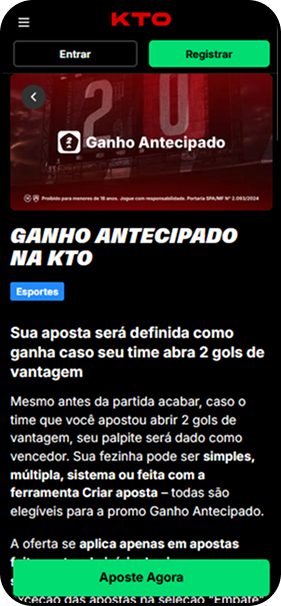 Promoção de Ganho Antecipado no qual a aposta vence com 2 gols de vantagem na KTO