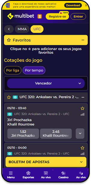 página das apostas no UFC na Multibet