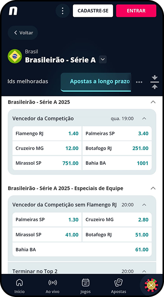 Odds na Novibet para o Brasileirão Série A 2025, mercado de vencedor final, com Flamengo, Palmeiras, Cruzeiro, Bahia, Botafogo e Mirassol, 