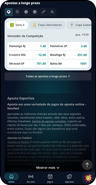 Mercado de apostas a longo prazo na Novibet para o Brasileirão