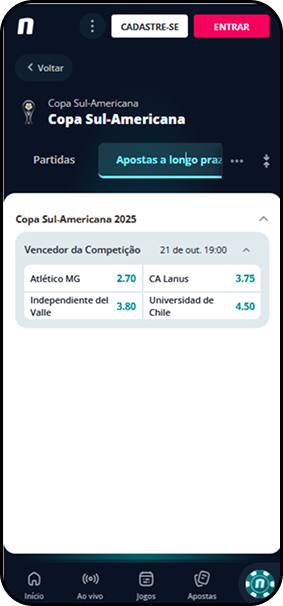 Mercado de apostas da Copa Sul-Americana 2025 na Novibet com cotações para campeão do torneio
