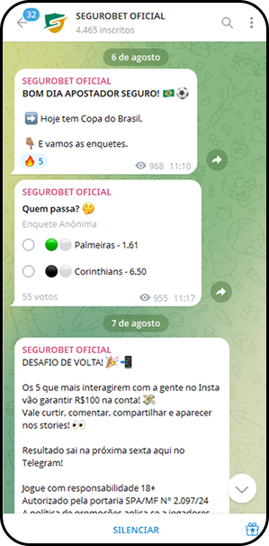 Canal oficial da Segurobet no Telegram com enquete sobre quem passa na Copa do Brasil entre Palmeiras e Corinthians.