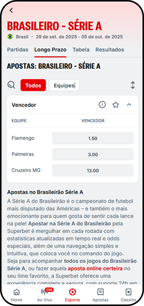 Odds na Superbet para o Brasileirão Série A 2025, mercado de vencedor, com Flamengo, Palmeiras e Cruzeiro, 
