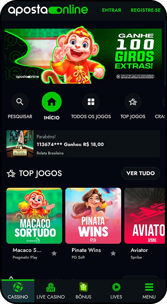 Cassino Aposta Online com destaque para o bônus de 100 giros extras e jogos populares como Macaco Sortudo, Pinata Wins e Aviator.
