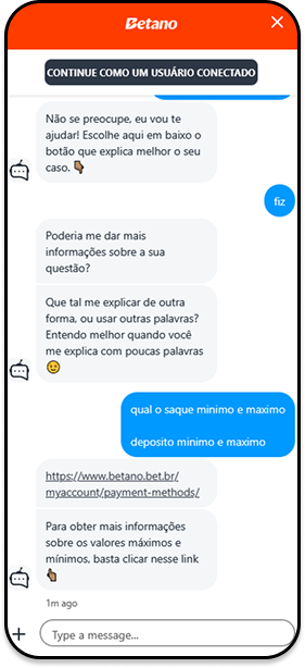 Chat ao vivo da Betano respondendo dúvidas sobre saques e depósitos