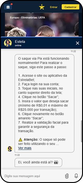 Atendimento Estrela Bet confirmando que o saque via Pix está funcionando normalmente