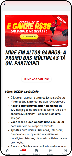 Campanha Mire em Altos Ganhos da Superbet com aposta cumulativa no Brasileirão Série A e B.