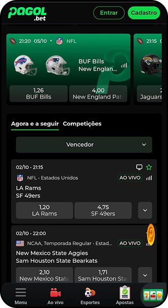 Odds na Pagolbet para jogos da NFL, com destaque para LA Rams x SF 49ers e outros confrontos ao vivo.