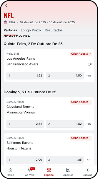 Odds na Superbet para jogos da NFL, com mercados de resultado final em LA Rams x SF 49ers, Cleveland Browns x Minnesota Vikings e Baltimore Ravens x Houston Texans.
