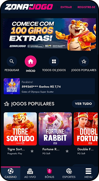 Bônus de 100 giros extras na Zona de Jogo com destaque para os jogos Tigre Sortudo, Fortune Rabbit e Double Fortune.