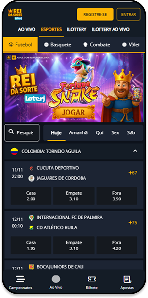 Interface da Rei da Sorte com odds para torneios de futebol e outros esportes.