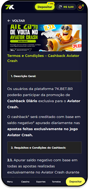 Bet7k oferecendo cashback de 25% no crash game Aviator