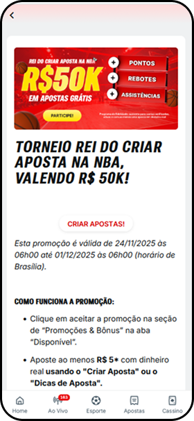 Superbet Torneio Rei do Criar Aposta na NBA valendo R$ 50 mil em apostas grátis
