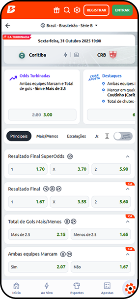 Cotações da partida Coritiba x CRB na Betano com destaque para o mercado de SuperOdds.