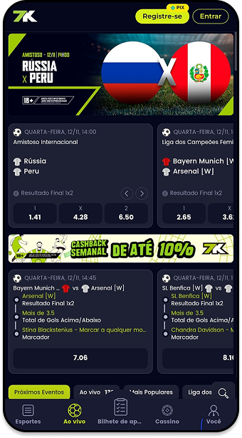 Página de esportes da Bet7k com destaque para o cashback semanal de até 10%