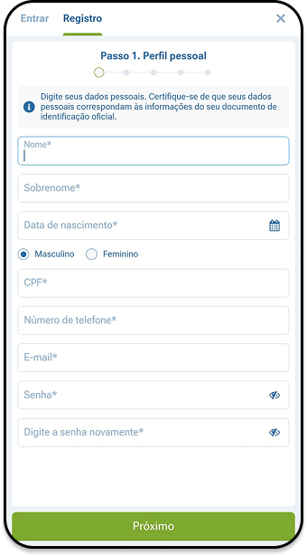 Area de cadastro 1xbet com espaços para nome e sobrenome