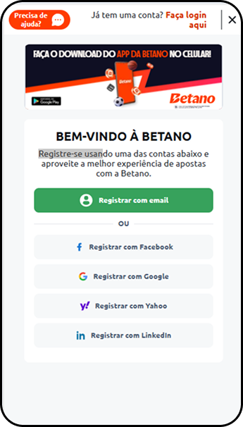 Página de cadastro da casa de apostas Betano com opções para se registrar por e-mail ou usando a conta do Google