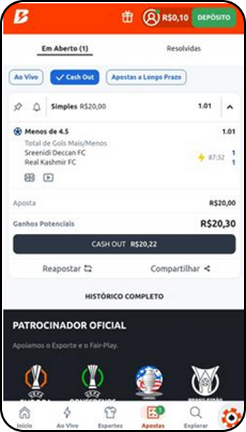 Tela de apostas abertas na Betano com a opção de Cash Out para encerrar a aposta.
