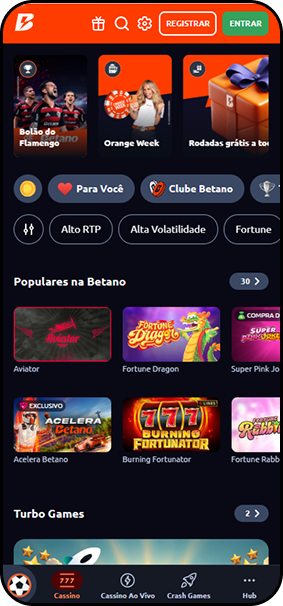 Tela inicial do cassino Betano com destaque para jogos populares como Aviator e Fortune Dragon