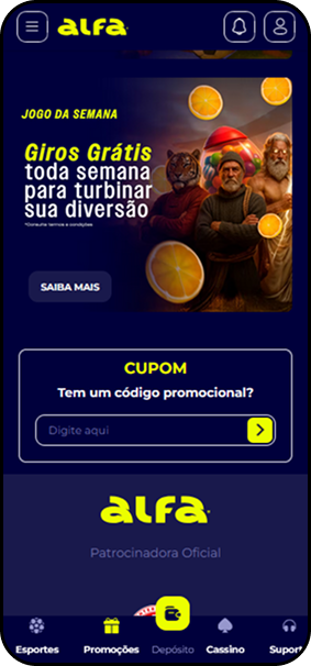 Promoção jogo da semana na Alfa bet com giros grátis e campo para código promocional