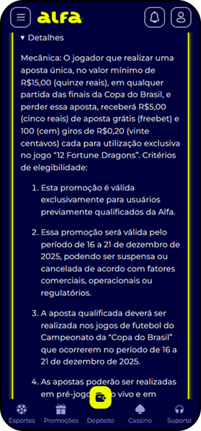 Detalhes da promoção na Alfa bet para apostas na Copa do Brasil com freebet de R$5 no Fortune Dragon