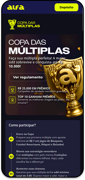 Copa das Múltiplas na Alfa bet com R$25 mil em prêmios para apostas combinadas em basquete, futebol e beisebol