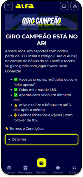 Promoção Giro Campeão na Alfa bet com 50 giros grátis ao apostar R$50 em esportes usando código CAMPEAO50