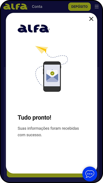 Confirmação de saque na Alfa bet com mensagem de sucesso no envio das informações