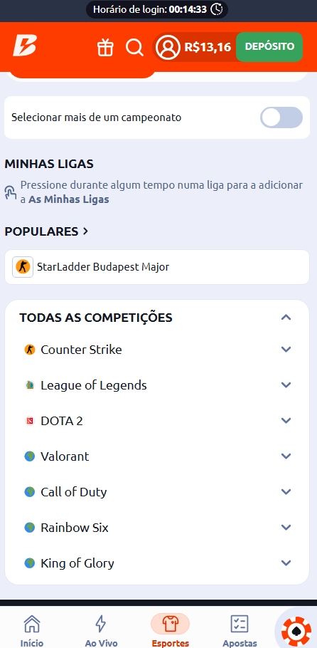 Categoria de esports na Betano com competições de CS2 disponíveis