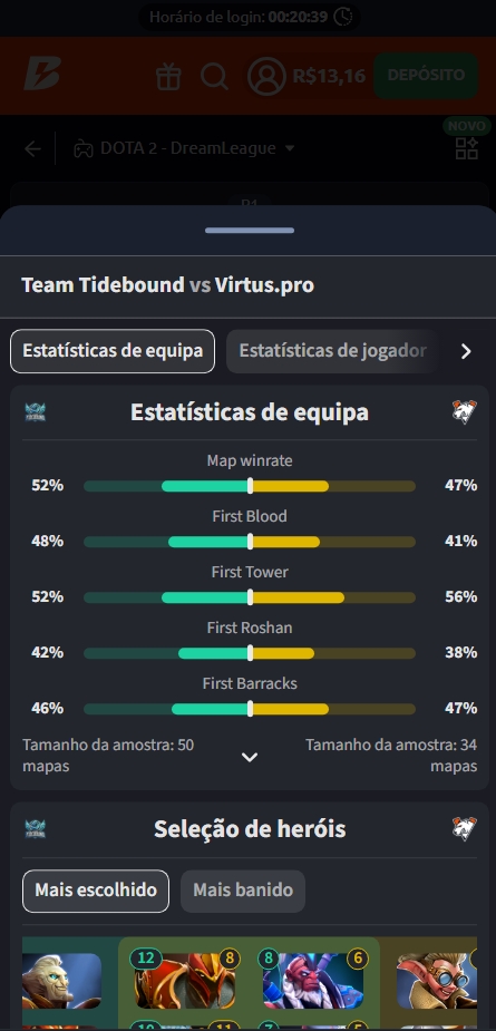 Estatísticas ao vivo em partida de Dota 2 na Betano
