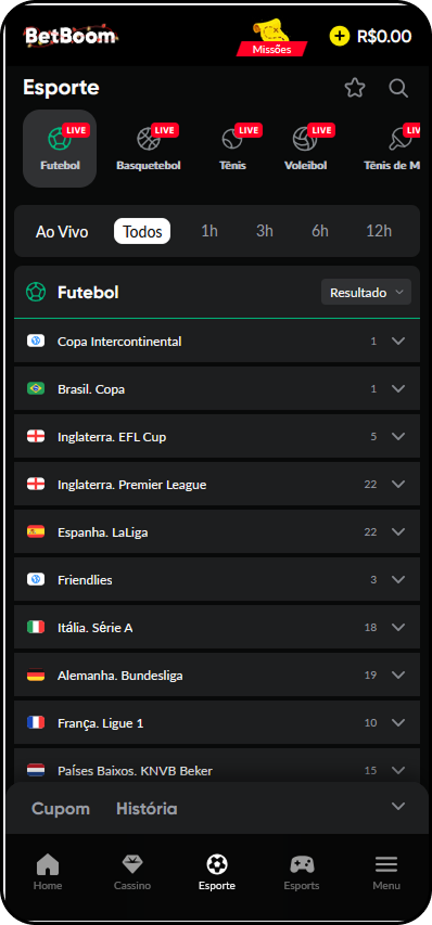 Apostas em futebol na BetBoom com campeonatos ao vivo incluindo Premier League, LaLiga, Série A e Bundesliga