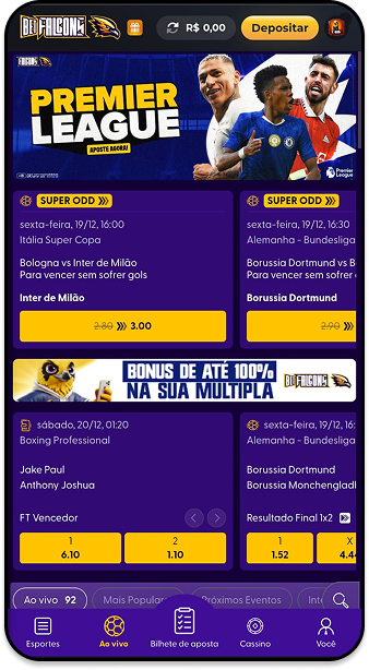 Apostas esportivas na BetFalcons com odds da Premier League, Itália Super Copa e bônus de até 100%