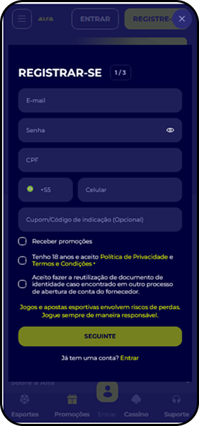 Formulário de registro na Alfa bet com campos para email, senha, CPF, celular e código promocional