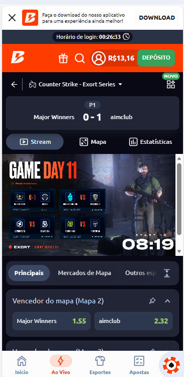 Partida ao vivo de CS2 na Betano com streaming integrado da Twitch
