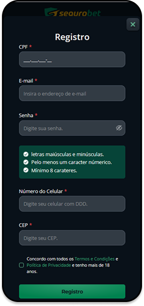 Formulário de registro na Segurobet com campos para CPF, email, senha, celular e CEP