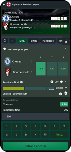 Como fazer aposta na Segurobet em Chelsea vs Bournemouth com bilhete e valor de R$500