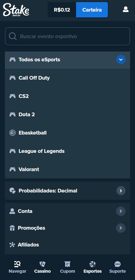 Menu da Stake com categorias de esports disponíveis na casa de aposta
