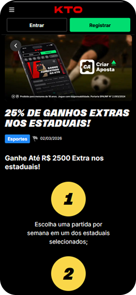 Promoção de 25% de ganhos extras nos estaduais na KTO com até R$2500 extra em apostas selecionadas