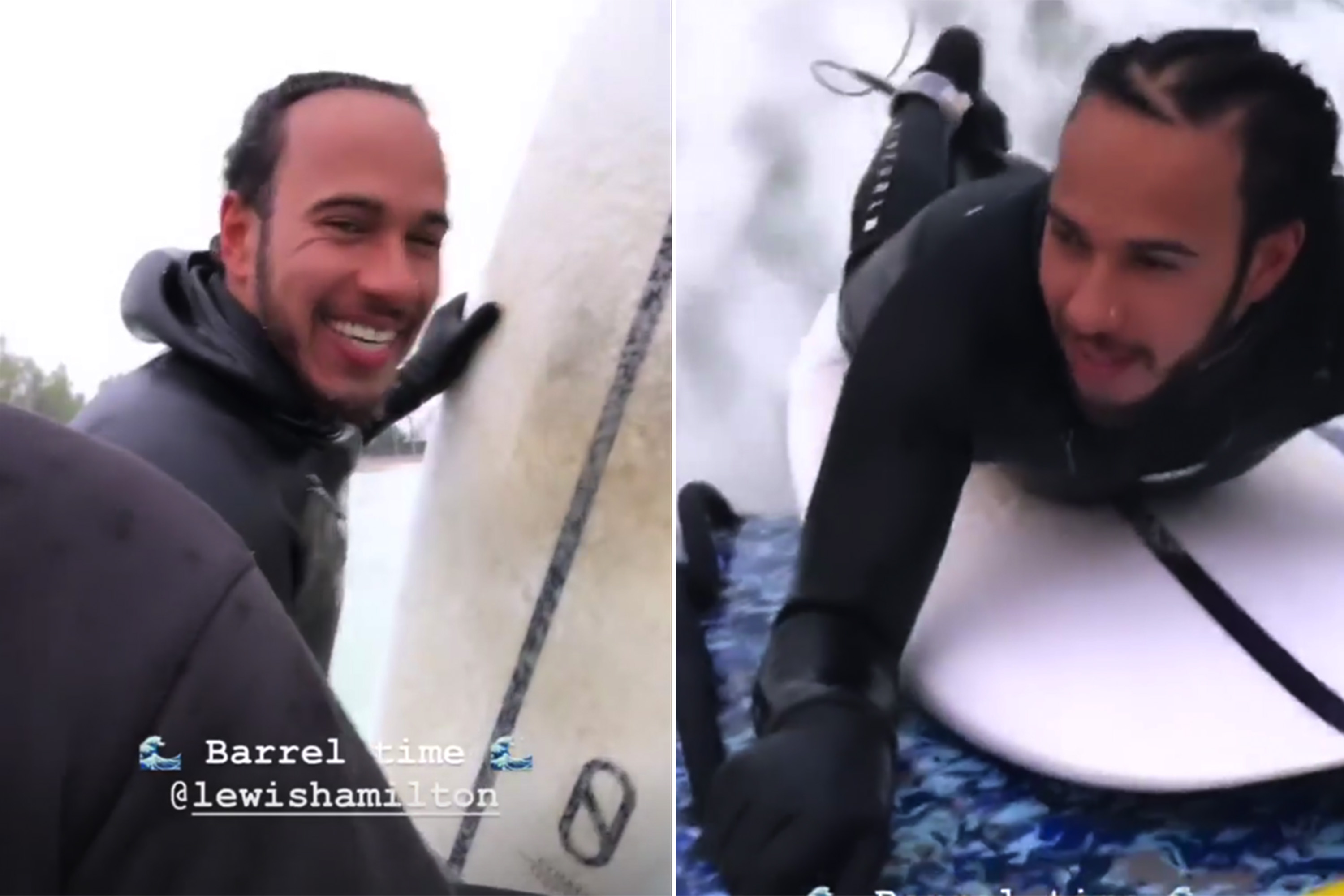 Lewis Hamilton surfa em piscina de ondas de Kelly Slater