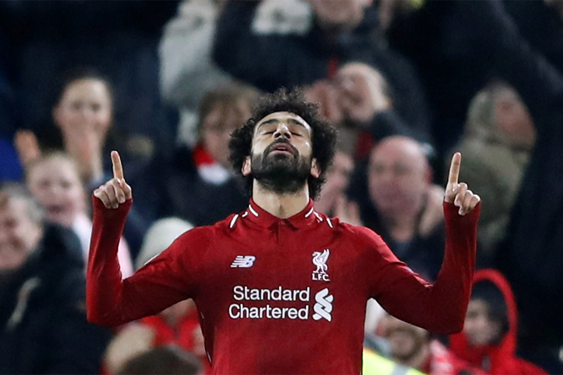 Salah comemora gol na vitória do Liverpool sobre o Napoli em partida válida pela última rodada da fase de grupos da Copa dos Campeões da Europa - 11/12/2018