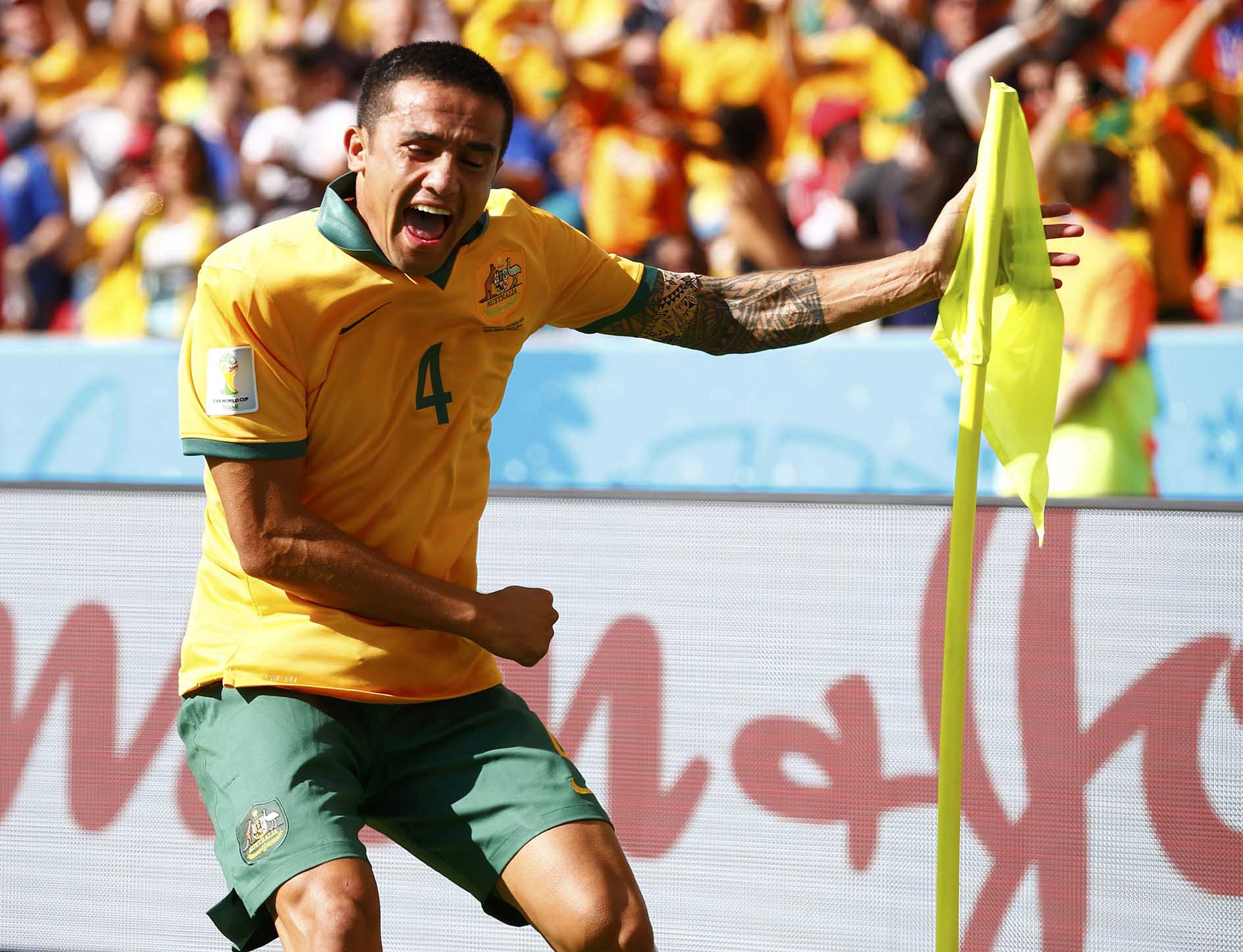 Tim Cahill comemora golaço: Austrália fez jogo duro contra a Holanda, sensação da 1ª rodada