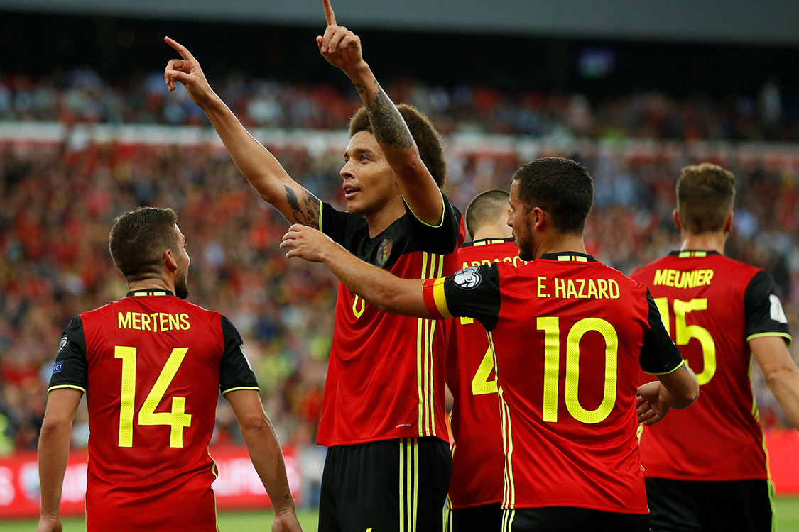 Jogadores da seleção da Bélgica comemoram goleada contra o Gibraltar, durante partida válida pelo qualificatório da Copa do Mundo 2018
